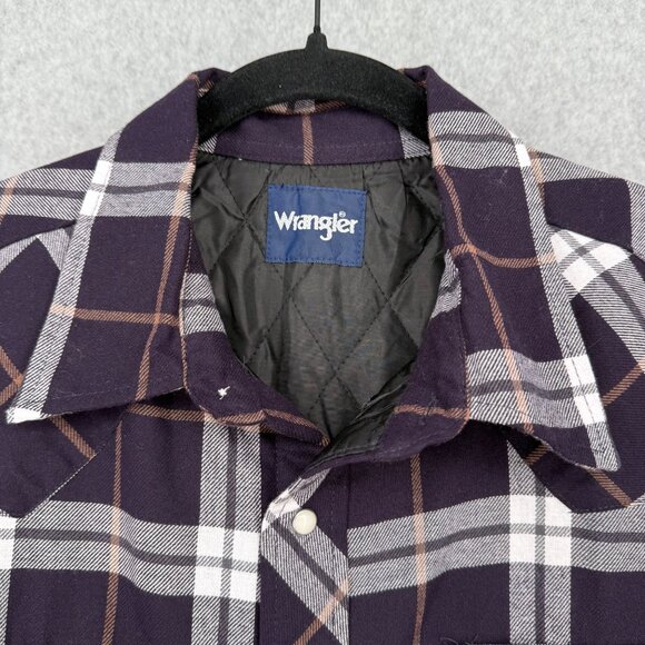 Wrangler Mens Quilted Lined Flannel Shirt Jacket Size L Purple Plaid Pearl Snap - Picture 7 of 14